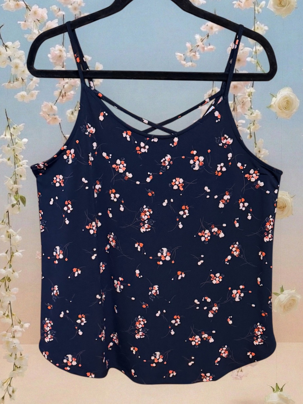 Kaileigh from StitchFix Navy Floral Crisscross-Back Camisole size Large